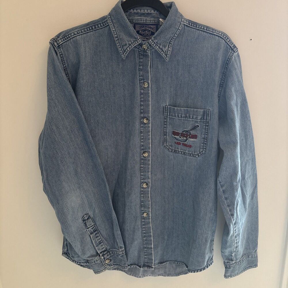 Vintage Hard Rock Cafe Denim Shirt Las Vegas Embroidered Logo Long Slv Women’s L
